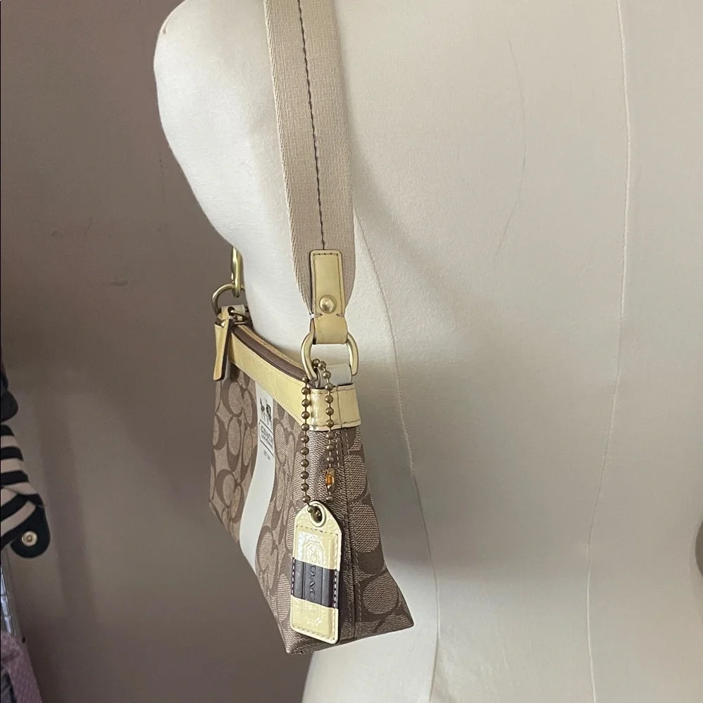 Coach Brown Signature Canvas Shoulder Bag with Cream Stripe
